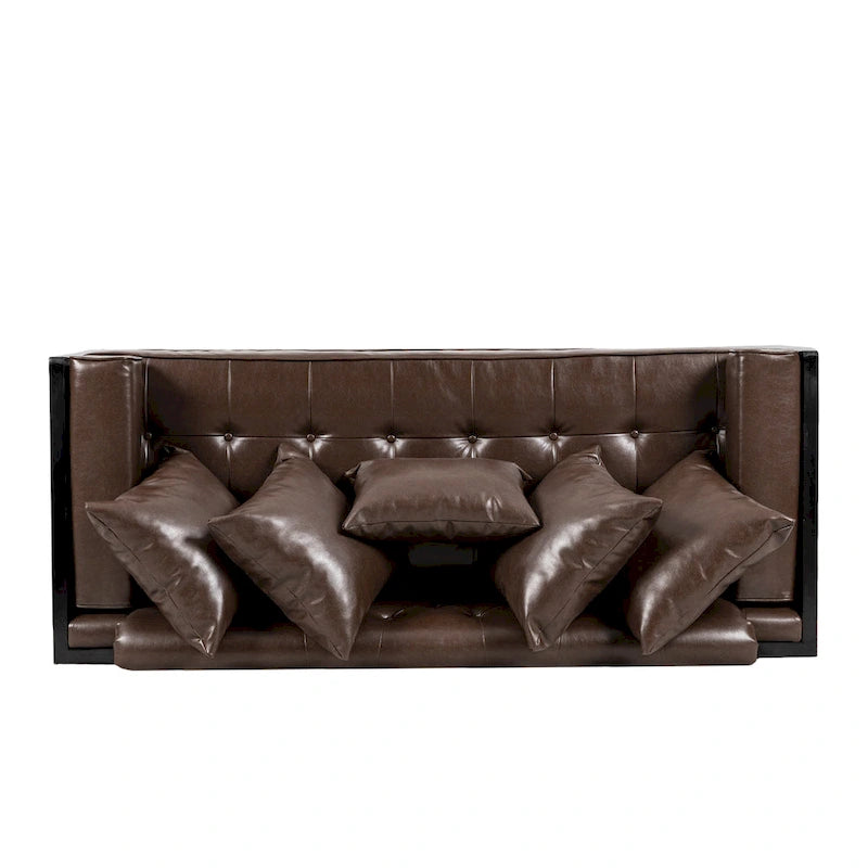 Brązowa sofa 3-osobowa z imitacji skóry z poduszkami ozdobnymi i czarną metalową podstawą