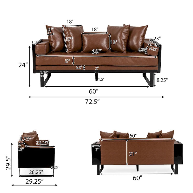 Brązowa sofa 3-osobowa z imitacji skóry z poduszkami ozdobnymi i czarną metalową podstawą