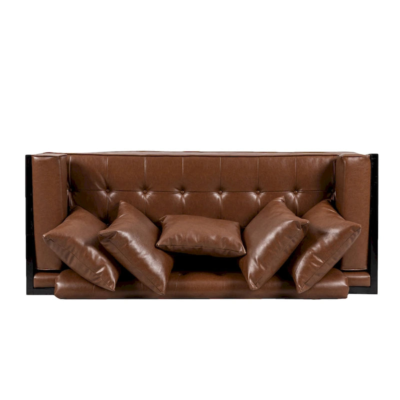 Brązowa sofa 3-osobowa z imitacji skóry z poduszkami ozdobnymi i czarną metalową podstawą