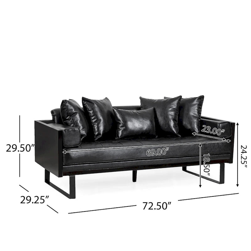 Brązowa sofa 3-osobowa z imitacji skóry z poduszkami ozdobnymi i czarną metalową podstawą