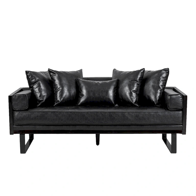Brązowa sofa 3-osobowa z imitacji skóry z poduszkami ozdobnymi i czarną metalową podstawą