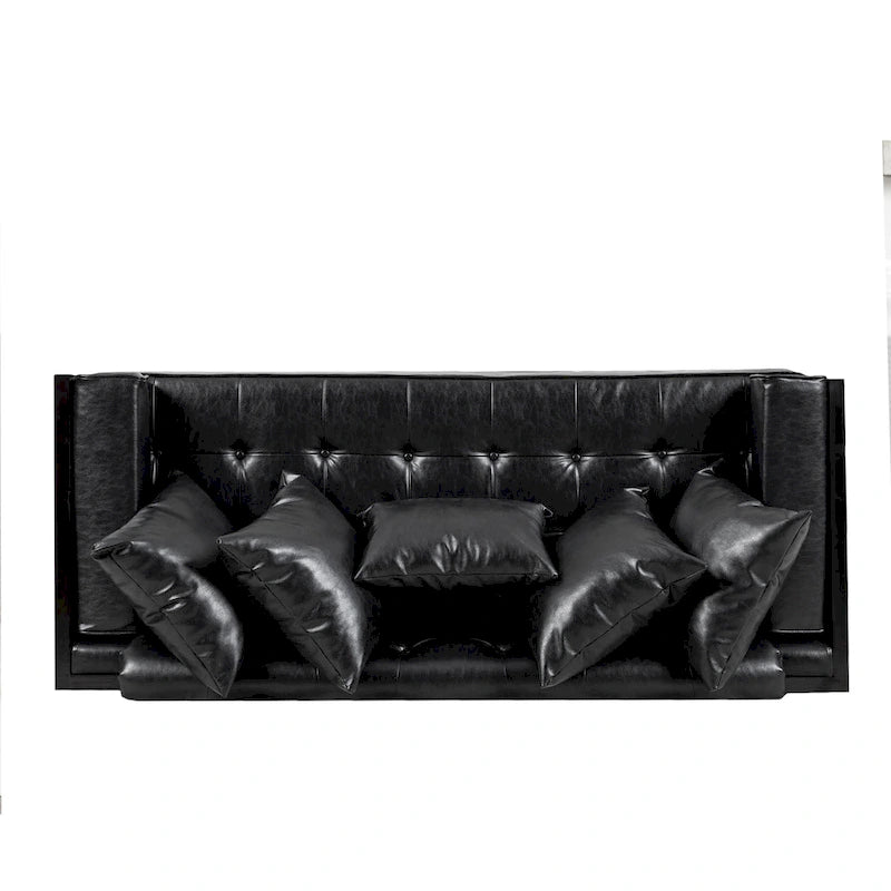 Brązowa sofa 3-osobowa z imitacji skóry z poduszkami ozdobnymi i czarną metalową podstawą