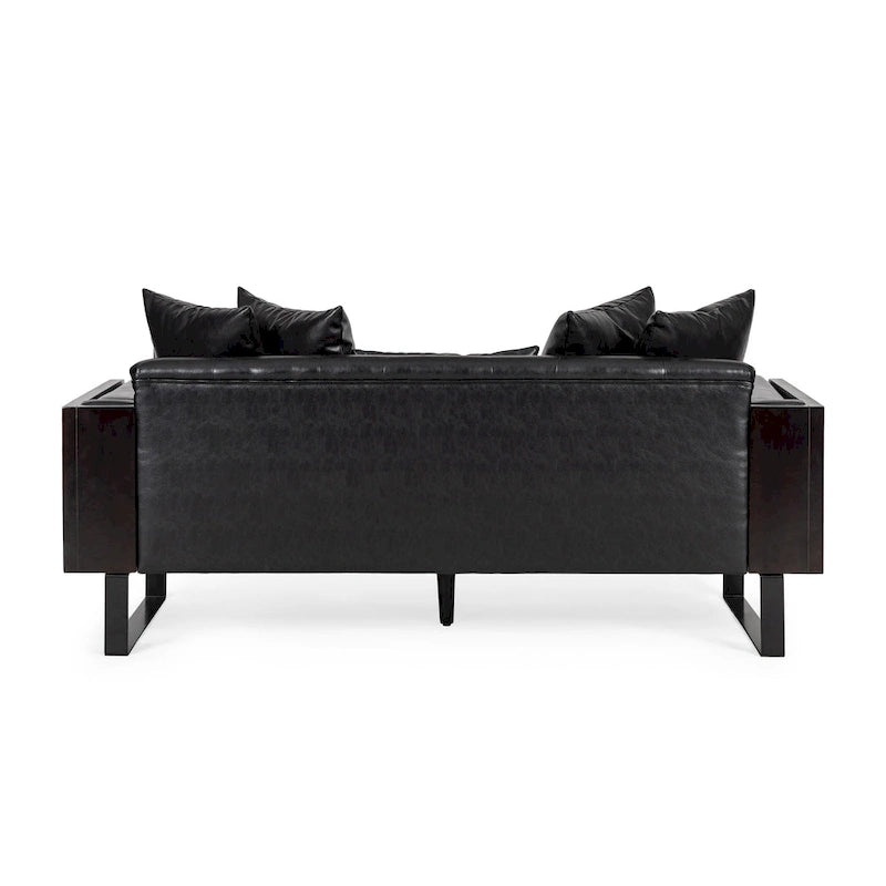 Brązowa sofa 3-osobowa z imitacji skóry z poduszkami ozdobnymi i czarną metalową podstawą