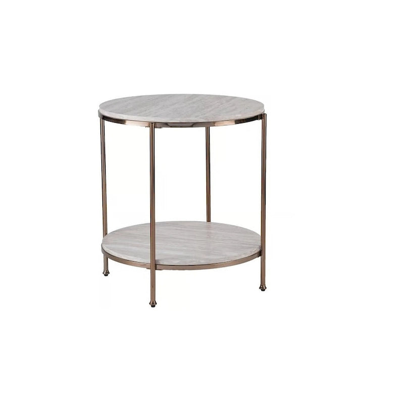 HomeRoots 24 Champagne Faux Marble And Iron Round End Table With Shelf - 22x22x24.25