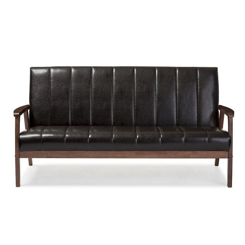Sofa trzyosobowa Mid-Century Modern, ciemnobrązowa ekoskóra, drewniana rama