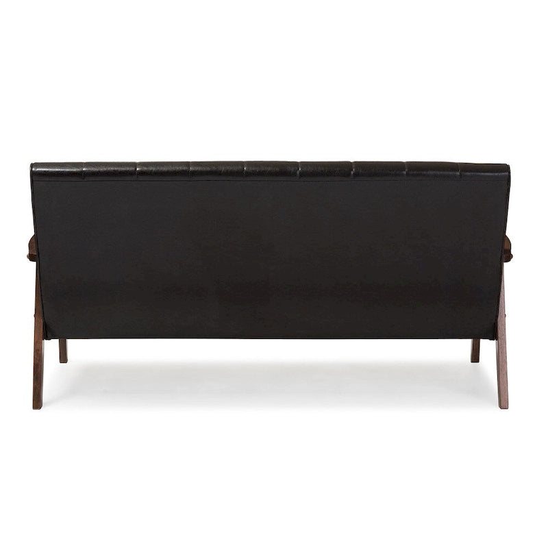 Sofa trzyosobowa Mid-Century Modern, ciemnobrązowa ekoskóra, drewniana rama