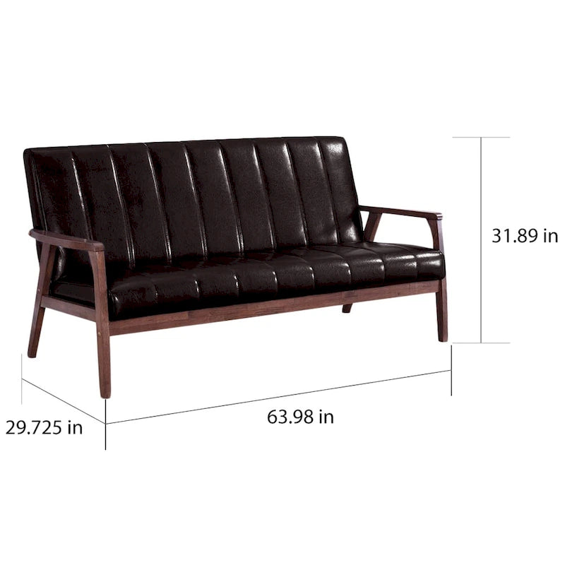 Sofa trzyosobowa Mid-Century Modern, ciemnobrązowa ekoskóra, drewniana rama