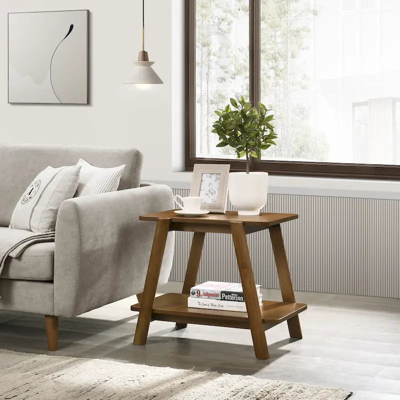 Nowoczesny stolik końcowy z drewnianą półką w stylu Mid-Century