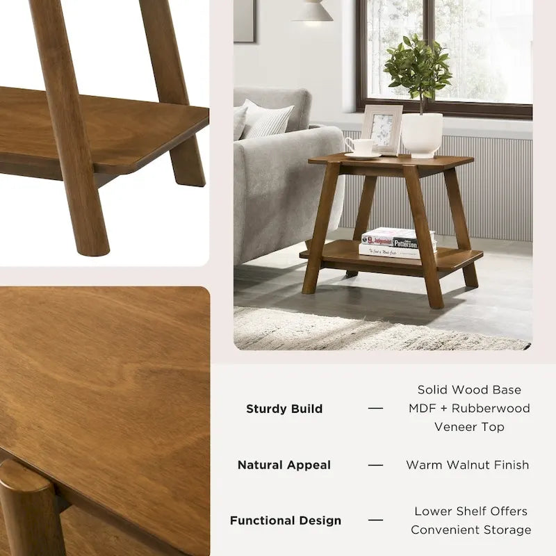 Nowoczesny stolik końcowy z drewnianą półką w stylu Mid-Century