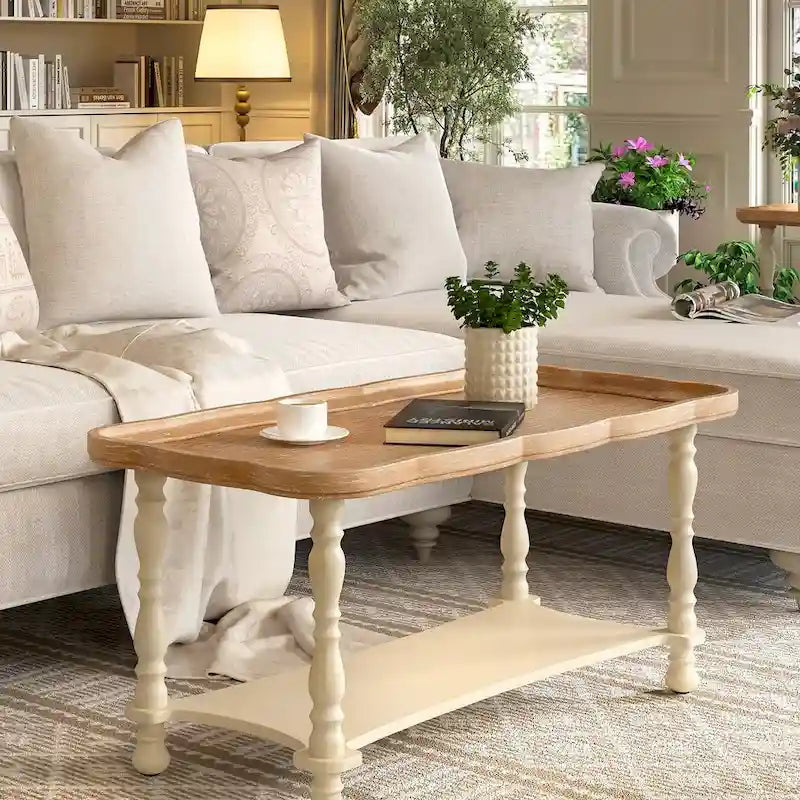 French Farmhouse Coffee Table with Natural Tray Top and Shelf