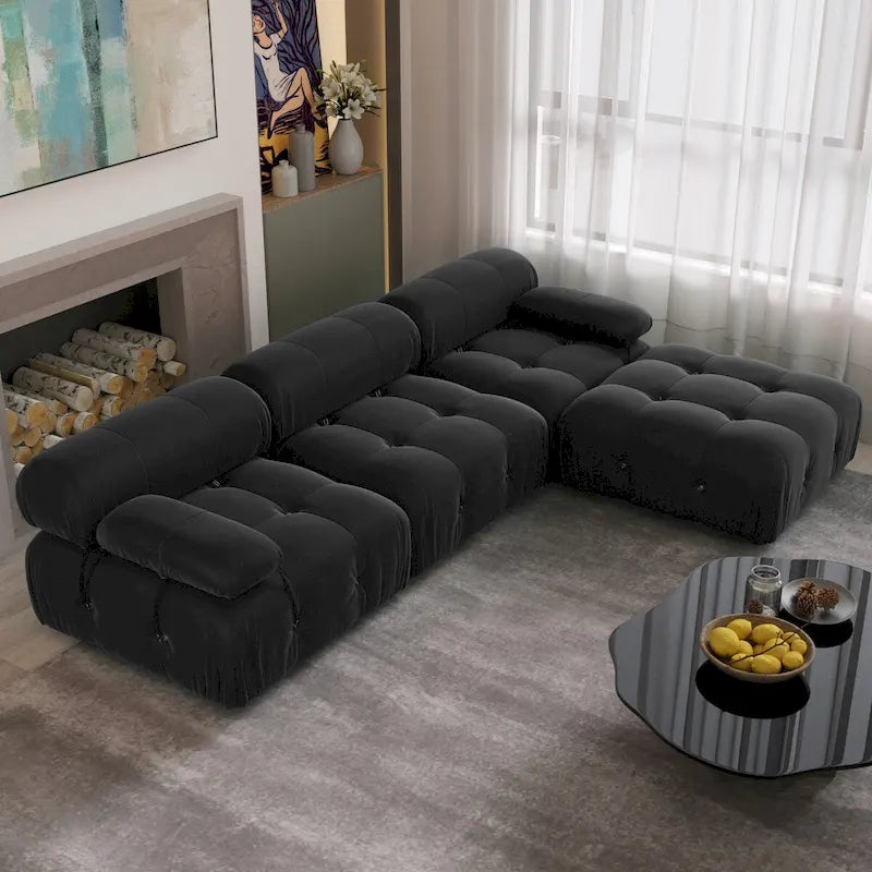 Sofa narożna w kształcie litery „L” o długości 264 cm, tapicerowana włoskim sztruksowym materiałem boucle, z odwracalną otomaną, kolor kremowo-biały