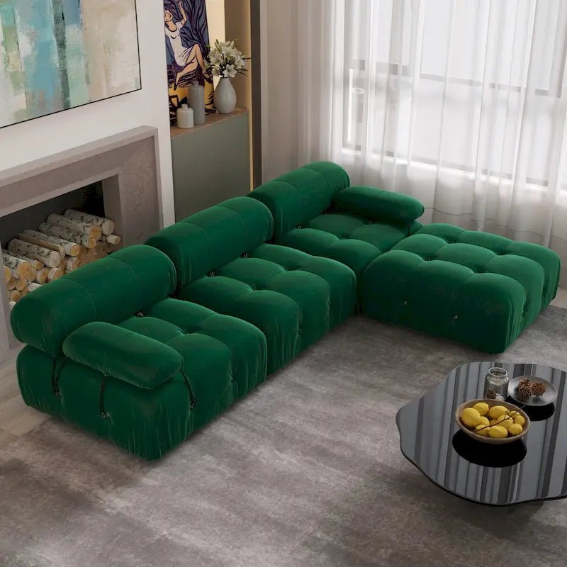 Sofa narożna w kształcie litery „L” o długości 264 cm, tapicerowana włoskim sztruksowym materiałem boucle, z odwracalną otomaną, kolor kremowo-biały