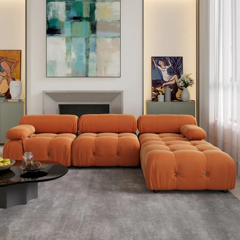 Sofa narożna w kształcie litery „L” o długości 264 cm, tapicerowana włoskim sztruksowym materiałem boucle, z odwracalną otomaną, kolor kremowo-biały