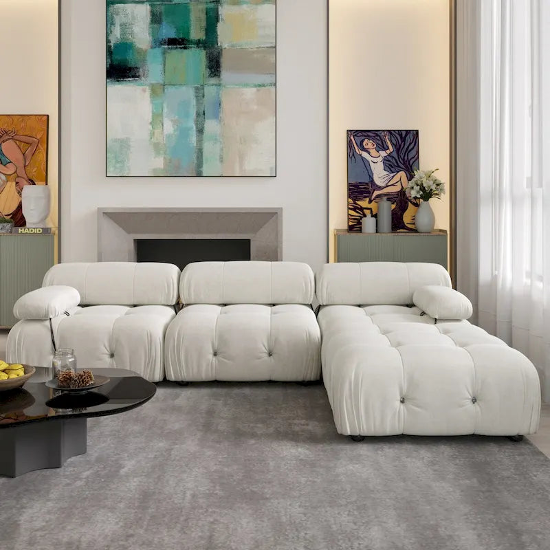 Sofa narożna w kształcie litery „L” o długości 264 cm, tapicerowana włoskim sztruksowym materiałem boucle, z odwracalną otomaną, kolor kremowo-biały