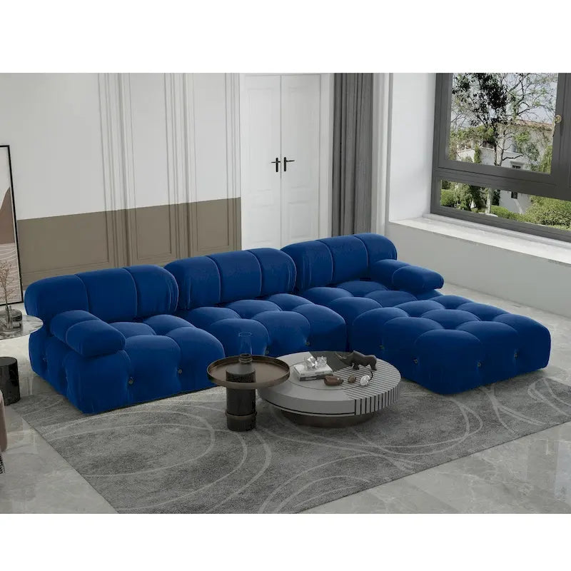 Sofa narożna w kształcie litery „L” o długości 264 cm, tapicerowana włoskim sztruksowym materiałem boucle, z odwracalną otomaną, kolor kremowo-biały