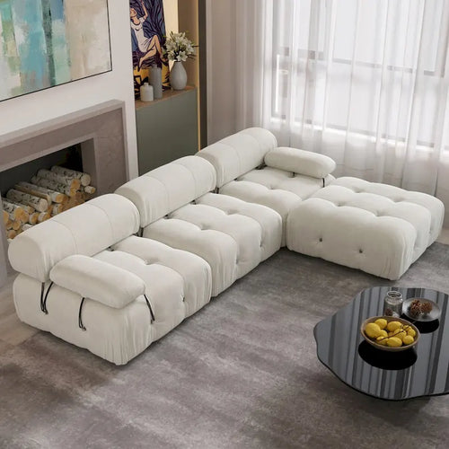 Sofa narożna w kształcie litery „L” o długości 264 cm, tapicerowana włoskim sztruksowym materiałem boucle, z odwracalną otomaną, kolor kremowo-biały