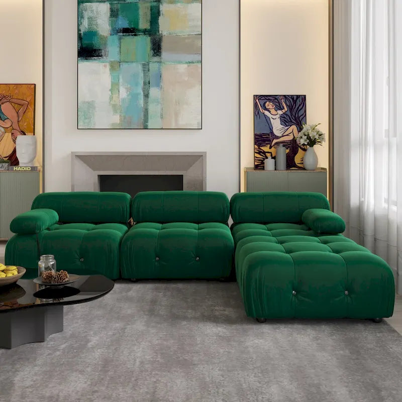 Sofa narożna w kształcie litery „L” o długości 264 cm, tapicerowana włoskim sztruksowym materiałem boucle, z odwracalną otomaną, kolor kremowo-biały