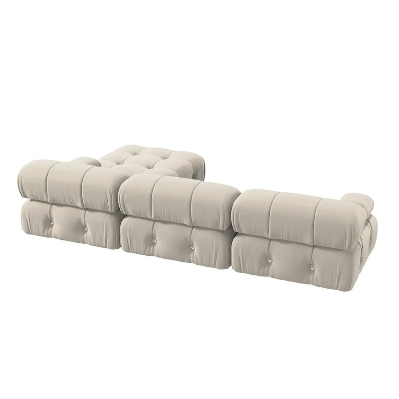 Sofa narożna w kształcie litery „L” o długości 264 cm, tapicerowana włoskim sztruksowym materiałem boucle, z odwracalną otomaną, kolor kremowo-biały