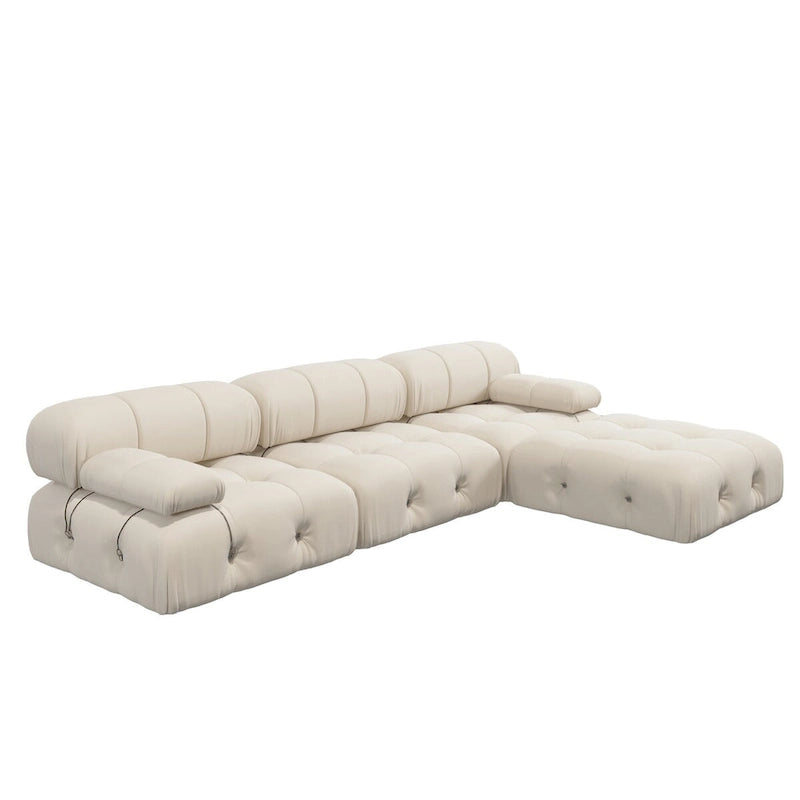 Sofa narożna w kształcie litery „L” o długości 264 cm, tapicerowana włoskim sztruksowym materiałem boucle, z odwracalną otomaną, kolor kremowo-biały