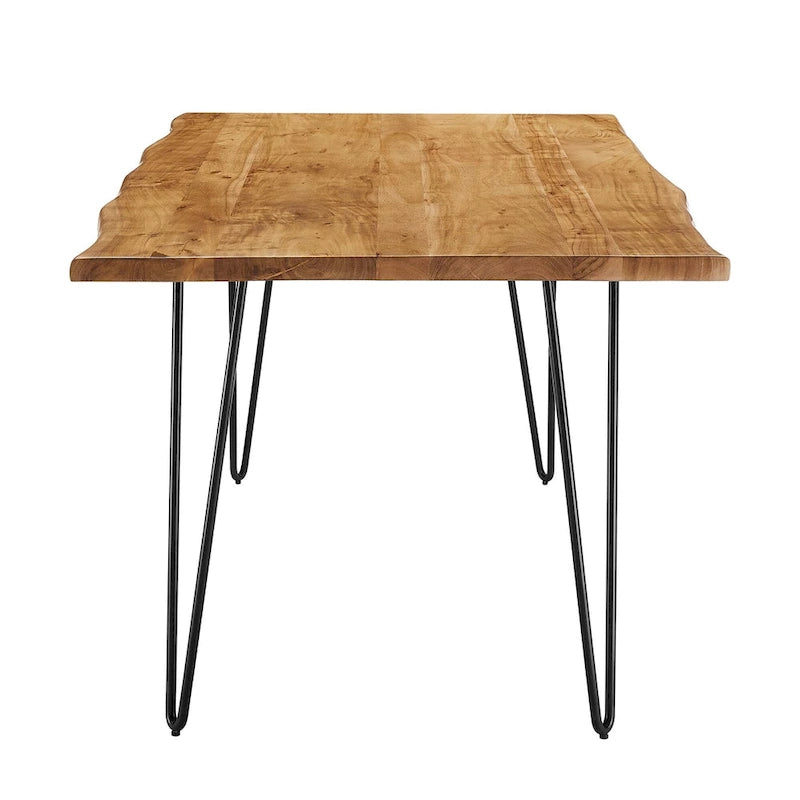 Stół jadalniany z drewna akacjowego Live Edge, blat z naturalnego drewna, czarne nogi Hairpin