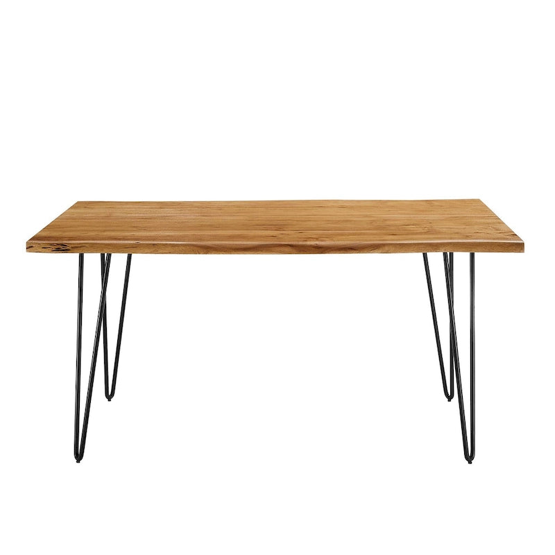 Stół jadalniany z drewna akacjowego Live Edge, blat z naturalnego drewna, czarne nogi Hairpin