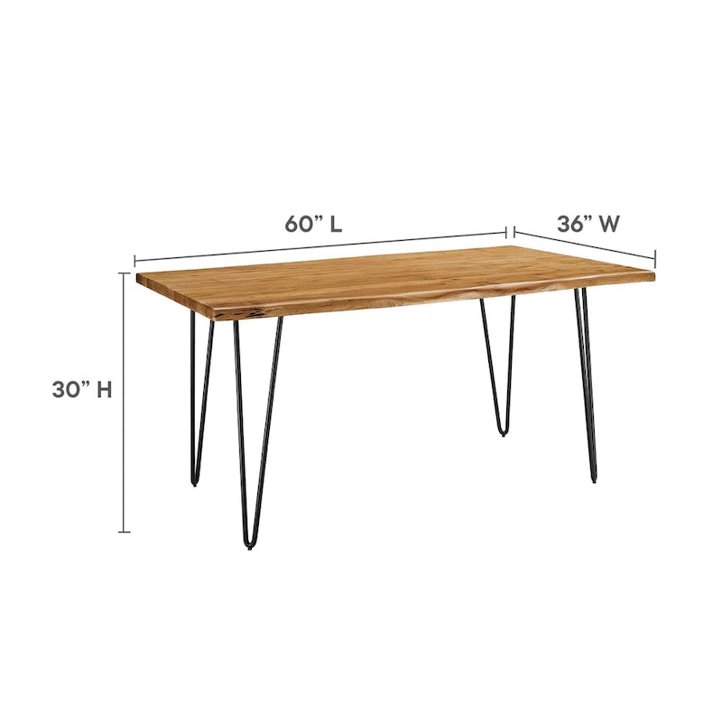 Stół jadalniany z drewna akacjowego Live Edge, blat z naturalnego drewna, czarne nogi Hairpin
