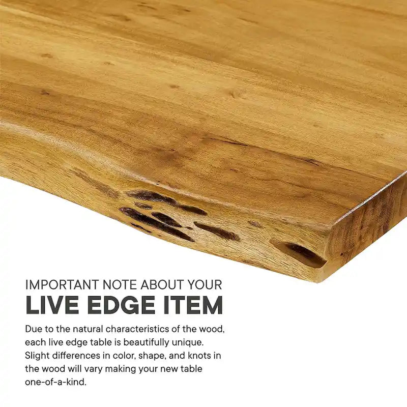 Stół jadalniany z drewna akacjowego Live Edge, blat z naturalnego drewna, czarne nogi Hairpin