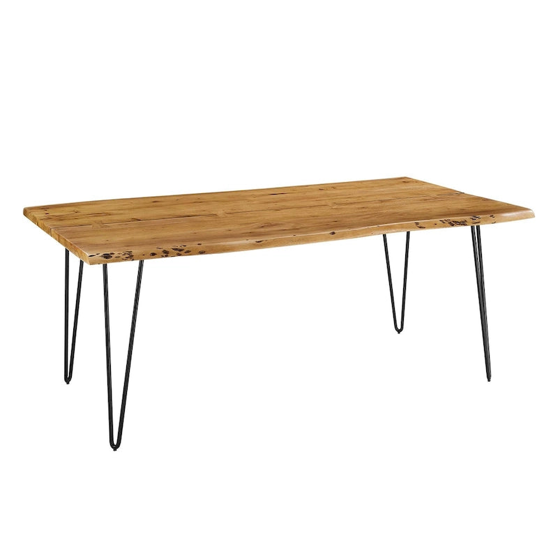 Stół jadalniany z drewna akacjowego Live Edge, blat z naturalnego drewna, czarne nogi Hairpin