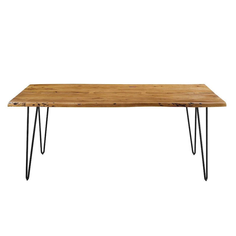 Stół jadalniany z drewna akacjowego Live Edge, blat z naturalnego drewna, czarne nogi Hairpin