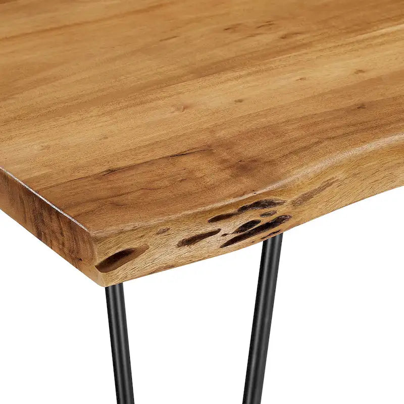 Stół jadalniany z drewna akacjowego Live Edge, blat z naturalnego drewna, czarne nogi Hairpin