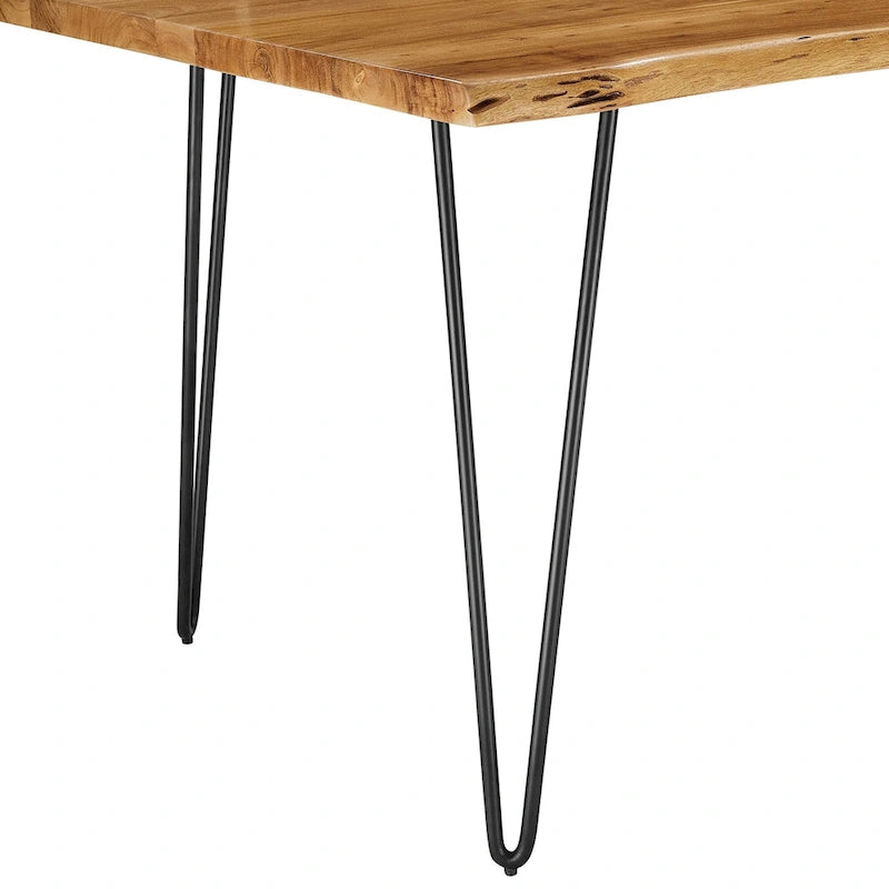 Stół jadalniany z drewna akacjowego Live Edge, blat z naturalnego drewna, czarne nogi Hairpin