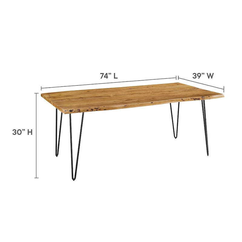 Stół jadalniany z drewna akacjowego Live Edge, blat z naturalnego drewna, czarne nogi Hairpin