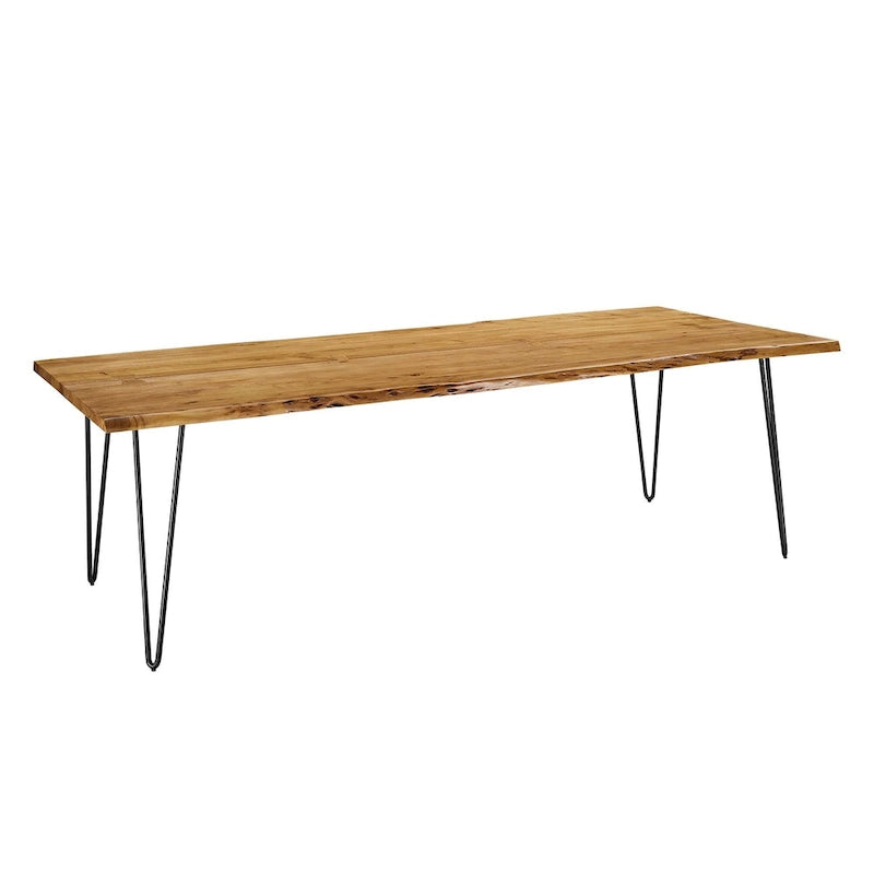 Stół jadalniany z drewna akacjowego Live Edge, blat z naturalnego drewna, czarne nogi Hairpin