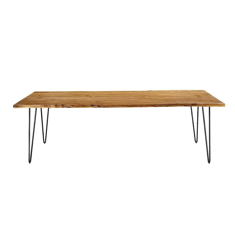 Stół jadalniany z drewna akacjowego Live Edge, blat z naturalnego drewna, czarne nogi Hairpin