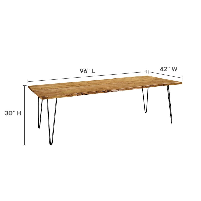 Stół jadalniany z drewna akacjowego Live Edge, blat z naturalnego drewna, czarne nogi Hairpin