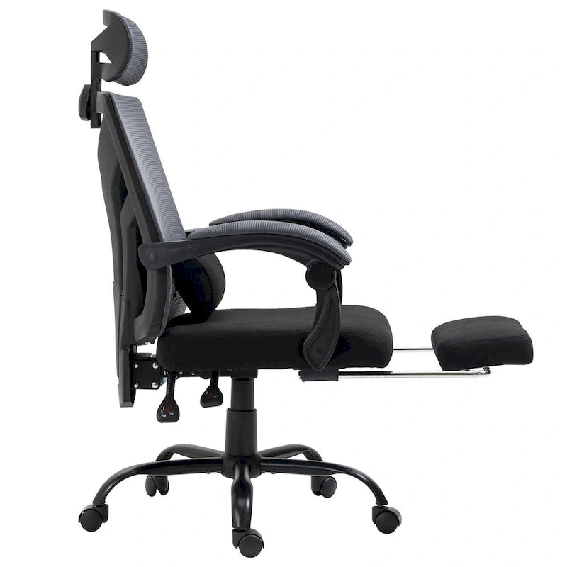 Ergonomiczne krzesło biurowe z siatki z wysokim oparciem, zagłówkiem, podparciem lędźwiowym, regulowanymi podłokietnikami i wysuwanym podnóżkiem