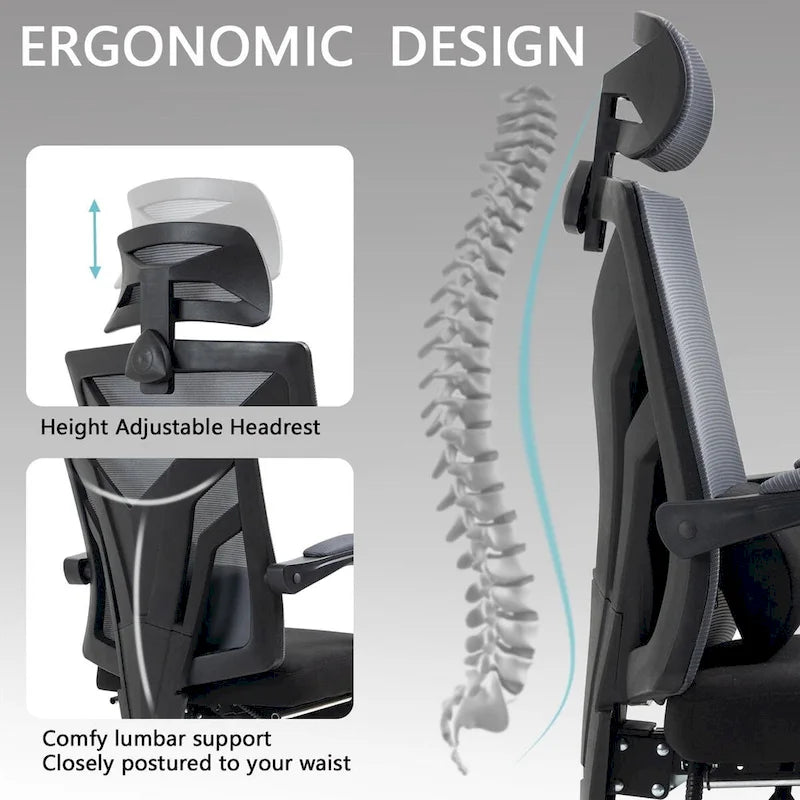 Ergonomiczne krzesło biurowe z siatki z wysokim oparciem, zagłówkiem, podparciem lędźwiowym, regulowanymi podłokietnikami i wysuwanym podnóżkiem