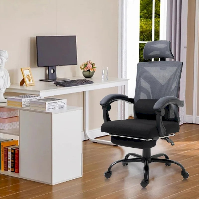 Ergonomiczne krzesło biurowe z siatki z wysokim oparciem, zagłówkiem, podparciem lędźwiowym, regulowanymi podłokietnikami i wysuwanym podnóżkiem
